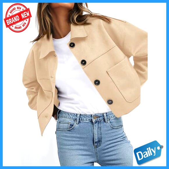 Faux Suede Cropped Jacket Long Sleeve Button Front Relaxed Fit Casual - Picture 4 of 7